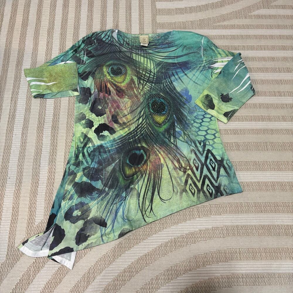 Jess & Jane Y2K Maximist Peacock 3/4 Sleeve Embellished Women's Small Top Boho